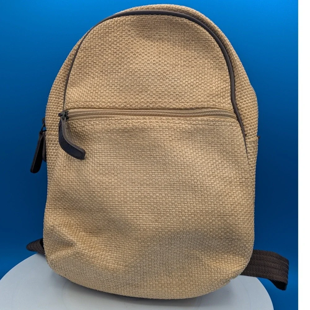 Vintage GAP Mini Backpack Tan Woven Straw Textured Small Rucksack Brown Trim